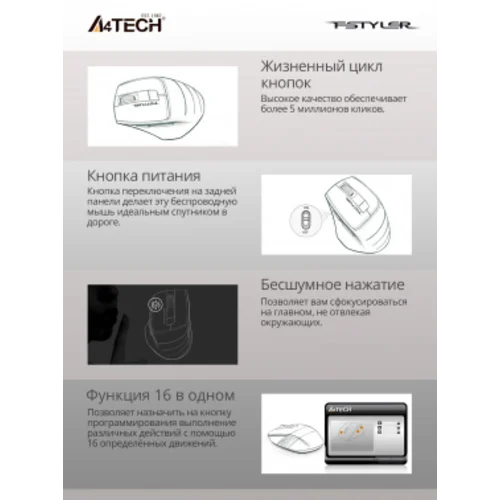 Мышь A4Tech Fstyler FG30S белый/серый оптическая (2000dpi) silent беспроводная USB (6but) Мышь A4Tech Fstyler FG30S белый/серый оптическая (2000dpi) silent беспроводная USB (6but)